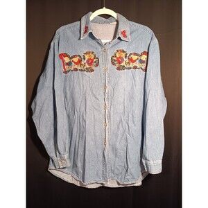 Vintage 90s Bobbi Brooks XL Christmas Embroidered Denim Shirt Teddy Bear Top